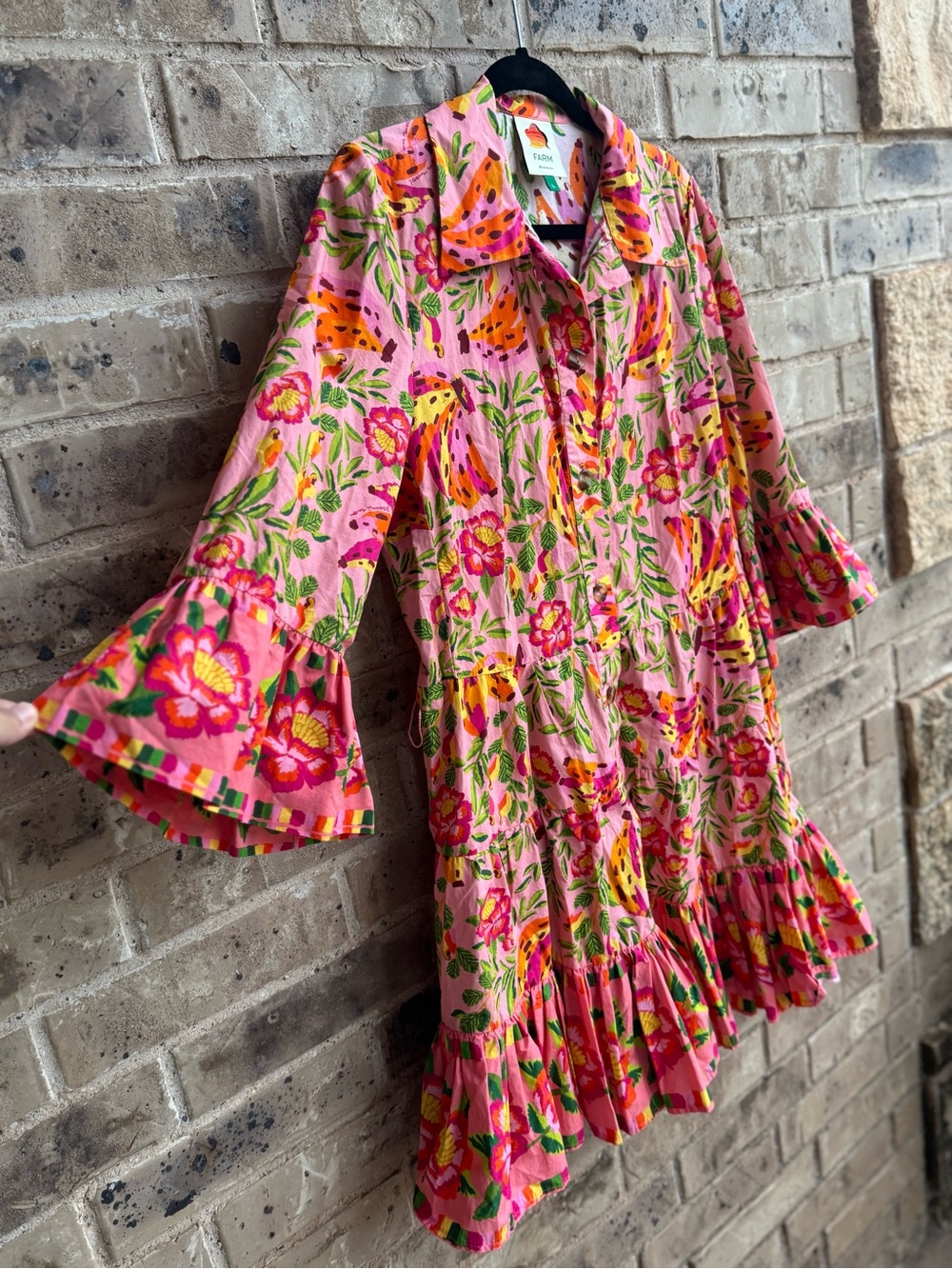 Farm Rio Painted Bananas Ruffle Shirt Midi Dress Size Large - Picture 6 of 14